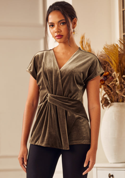 LuxeVelvet Twist-Front Cap Sleeve (Mushroom) - Final Sale