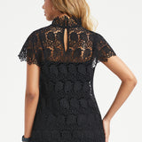 Mock Neck Lace Short Sleeve Top (Black)