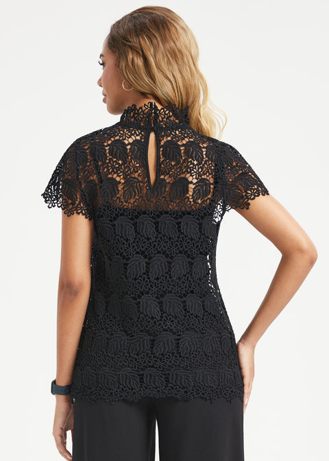 Mock Neck Lace Short Sleeve Top (Black)