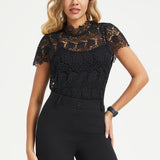 Mock Neck Lace Short Sleeve Top (Black)