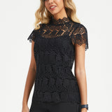 Mock Neck Lace Short Sleeve Top (Black)