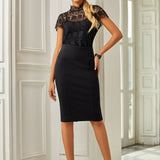 Mock Neck Lace Short Sleeve Top (Black)
