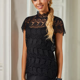 Mock Neck Lace Short Sleeve Top (Black)