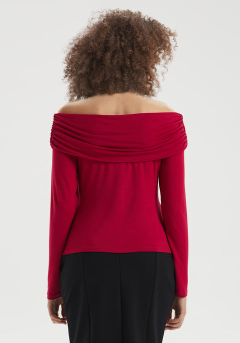 Off-the-Shoulder Draped Long-Sleeve Top (Burgundy) - Final Sale