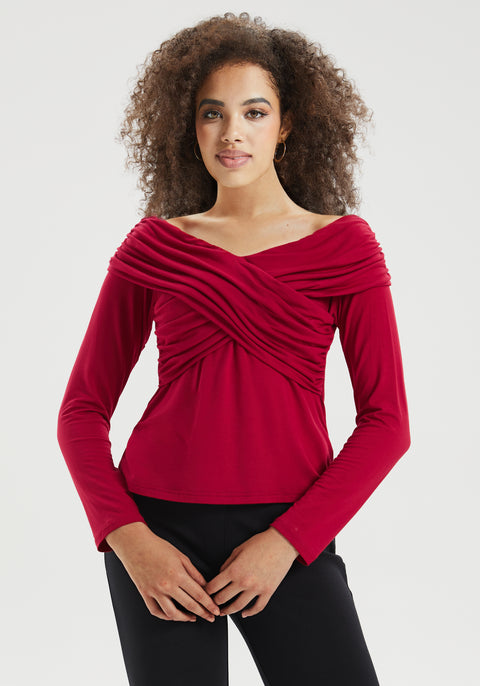 Off-the-Shoulder Draped Long-Sleeve Top (Burgundy) - Final Sale