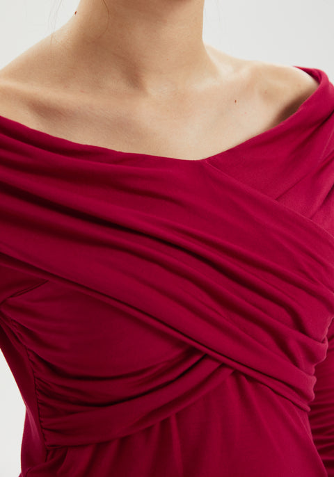 Off-the-Shoulder Draped Long-Sleeve Top (Burgundy) - Final Sale
