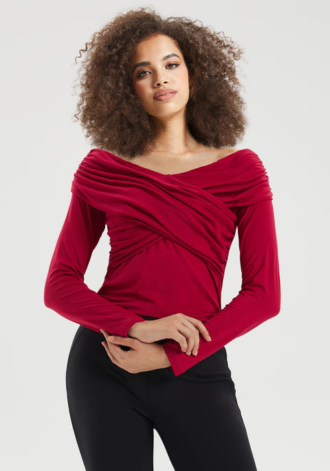 Off-the-Shoulder Draped Long-Sleeve Top (Burgundy) - Final Sale