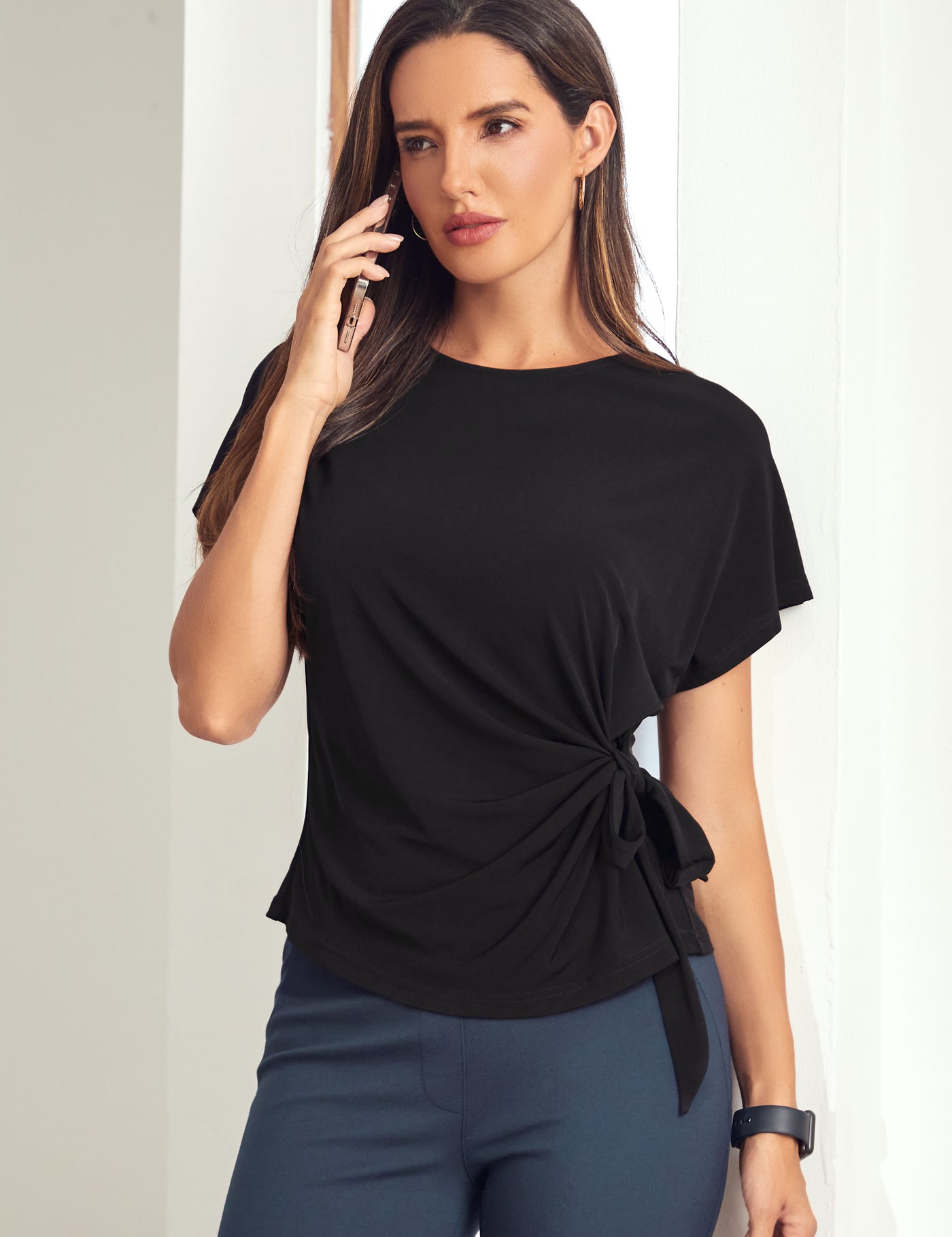 Tie Waist Boatneck Top (Black)