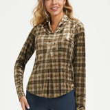 LuxeVelvet Pleated V-Neck Top (Brown Plaid) - Final Sale
