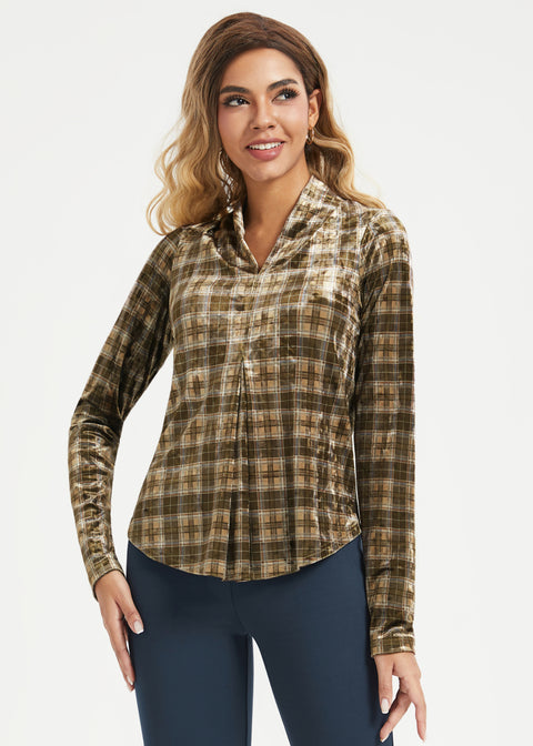 LuxeVelvet Pleated V-Neck Top (Brown Plaid) - Final Sale