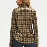 LuxeVelvet Pleated V-Neck Top (Brown Plaid) - Final Sale