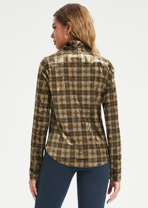 LuxeVelvet Pleated V-Neck Top (Brown Plaid) - Final Sale