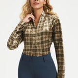 LuxeVelvet Pleated V-Neck Top (Brown Plaid) - Final Sale