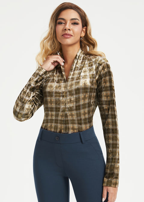 LuxeVelvet Pleated V-Neck Top (Brown Plaid) - Final Sale