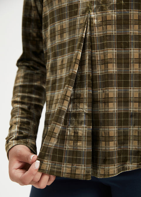 LuxeVelvet Pleated V-Neck Top (Brown Plaid) - Final Sale