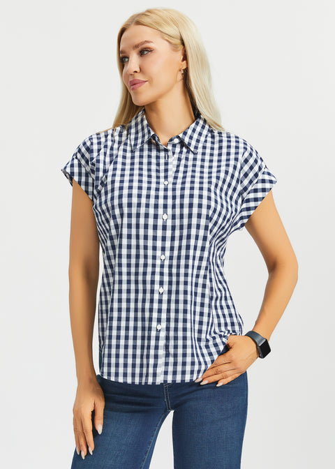 Cap Sleeve Shirt | Cotton (Navy Gingham)