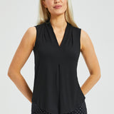 Sleeveless Pleated V-Neck Top (Black)