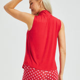 Sleeveless Pleated V-Neck Top (Red)
