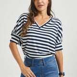 Dolman V-Neck Knit Top (Ivory Navy Stripe)