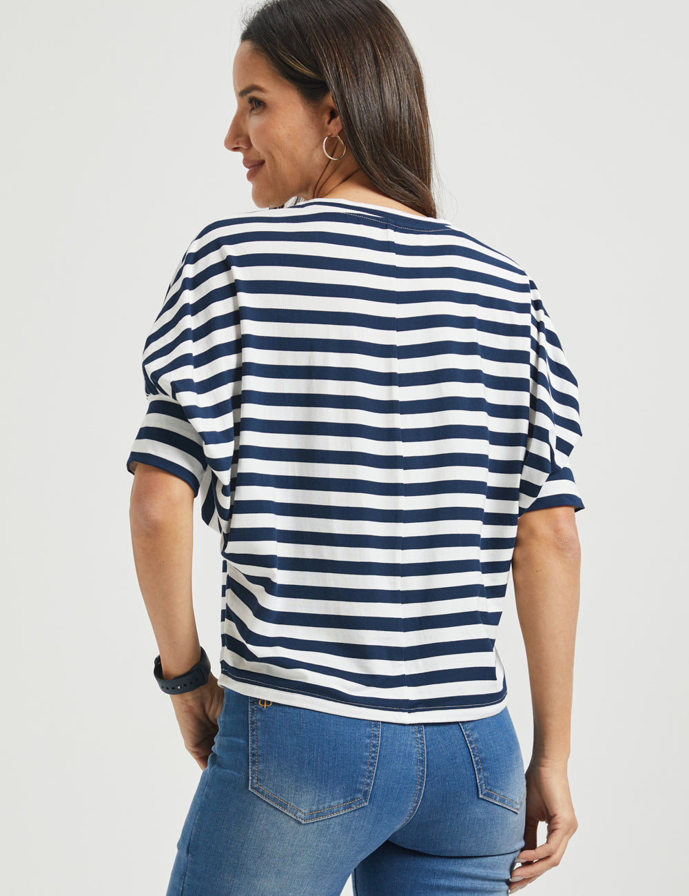 Dolman V-Neck Knit Top (Ivory Navy Stripe)