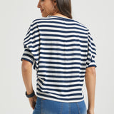 Dolman V-Neck Knit Top (Ivory Navy Stripe)