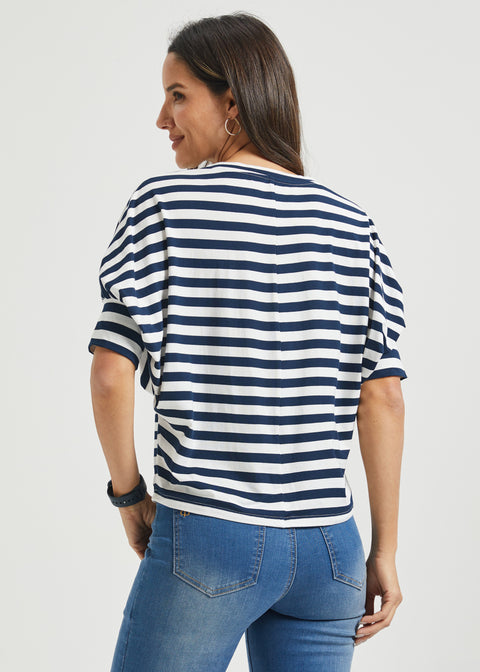 Dolman V-Neck Knit Top (Ivory Navy Stripe)
