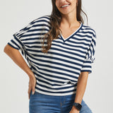Dolman V-Neck Knit Top (Ivory Navy Stripe)
