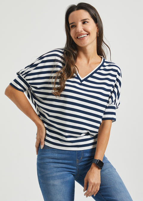 Dolman V-Neck Knit Top (Ivory Navy Stripe)