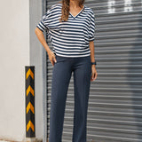 Dolman V-Neck Knit Top (Ivory Navy Stripe)