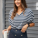 Dolman V-Neck Knit Top (Ivory Navy Stripe)