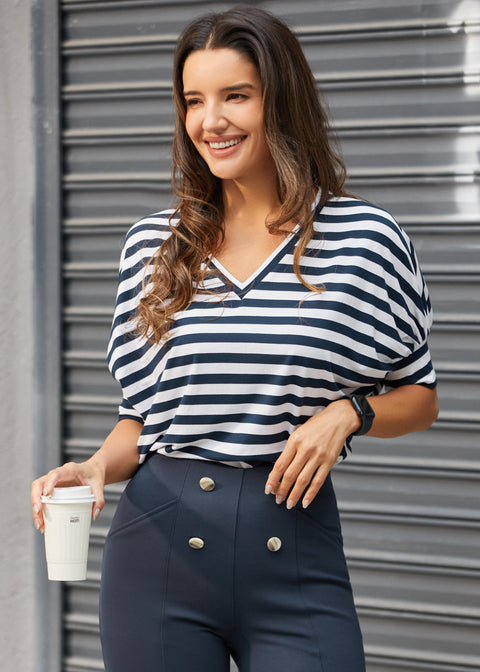 Dolman V-Neck Knit Top (Ivory Navy Stripe)
