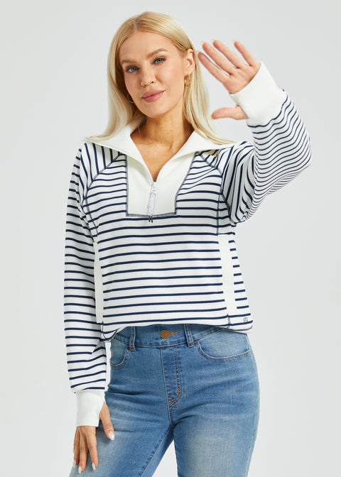 Airflex Contrast Trim Quarter Zip Pullover (Ivory Navy Stripe)