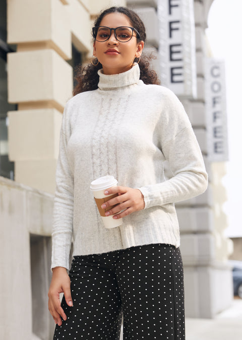 Cable Accent Turtleneck (Heather Ivory)