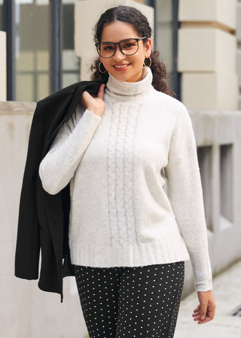 Cable Accent Turtleneck (Heather Ivory)