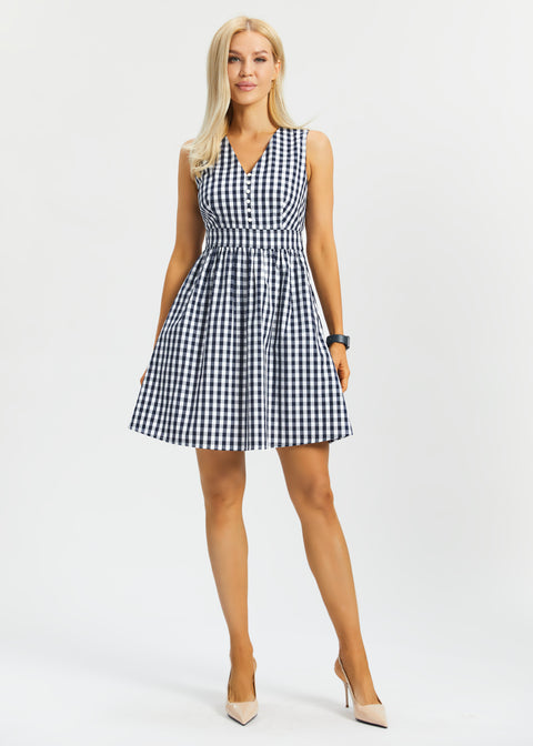 Gingham Fit & Flare Dress (Navy)
