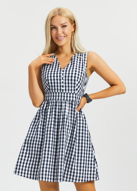 Gingham Fit & Flare Dress (Navy)