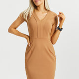 Cap Sleeve V-Neck Column Dress (Sandalwood) - Final Sale
