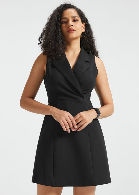 Surplice Lapel Sleeveless Knit Dress | Stretch Ponte (Black)