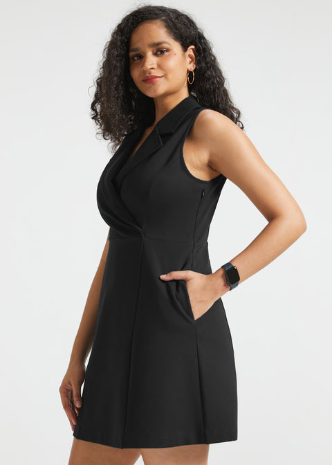 Surplice Lapel Sleeveless Knit Dress | Stretch Ponte (Black)
