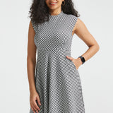 Mock Neck Fit & Flare Dress | Stretch Knit (Black Ivory Catstooth)