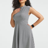 Mock Neck Fit & Flare Dress | Stretch Knit (Black Ivory Catstooth)