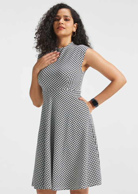 Mock Neck Fit & Flare Dress | Stretch Knit (Black Ivory Catstooth)