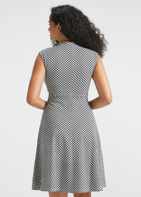 Mock Neck Fit & Flare Dress | Stretch Knit (Black Ivory Catstooth)