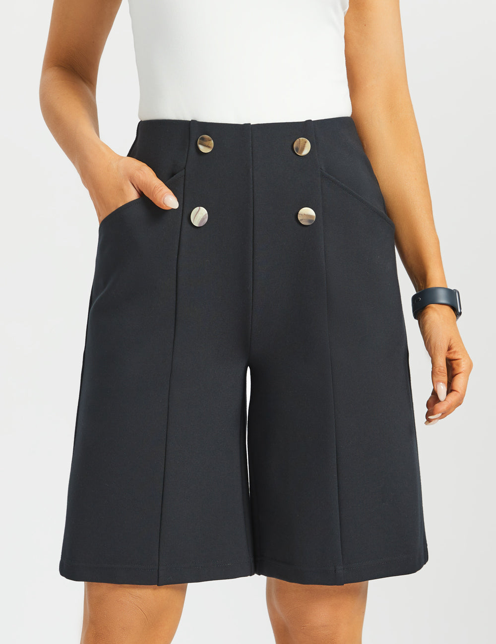 Atlantic Wide-Leg Bermuda Shorts | Stretch Ponte (Black) - Final Sale