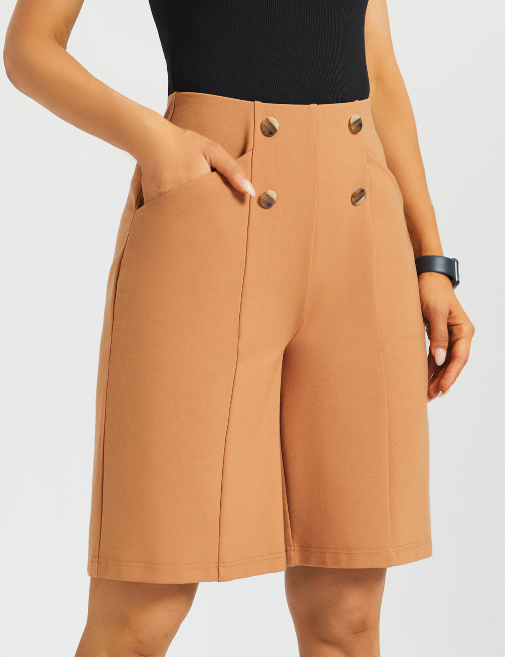 Atlantic Wide-Leg Bermuda Shorts | Stretch Ponte (Sandalwood) - Final Sale