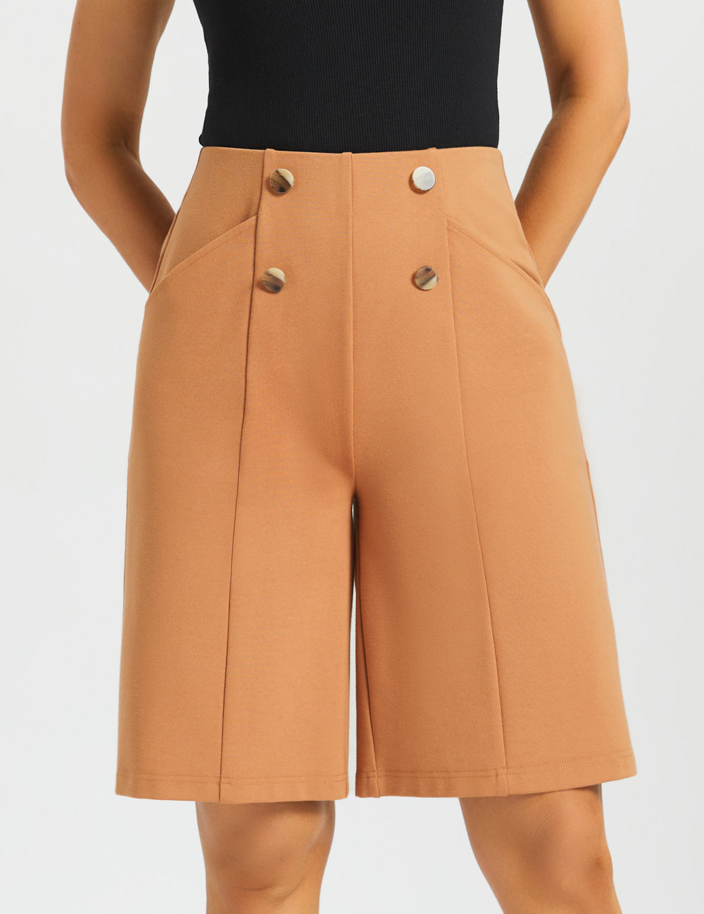 Atlantic Wide-Leg Bermuda Shorts | Stretch Ponte (Sandalwood) - Final Sale