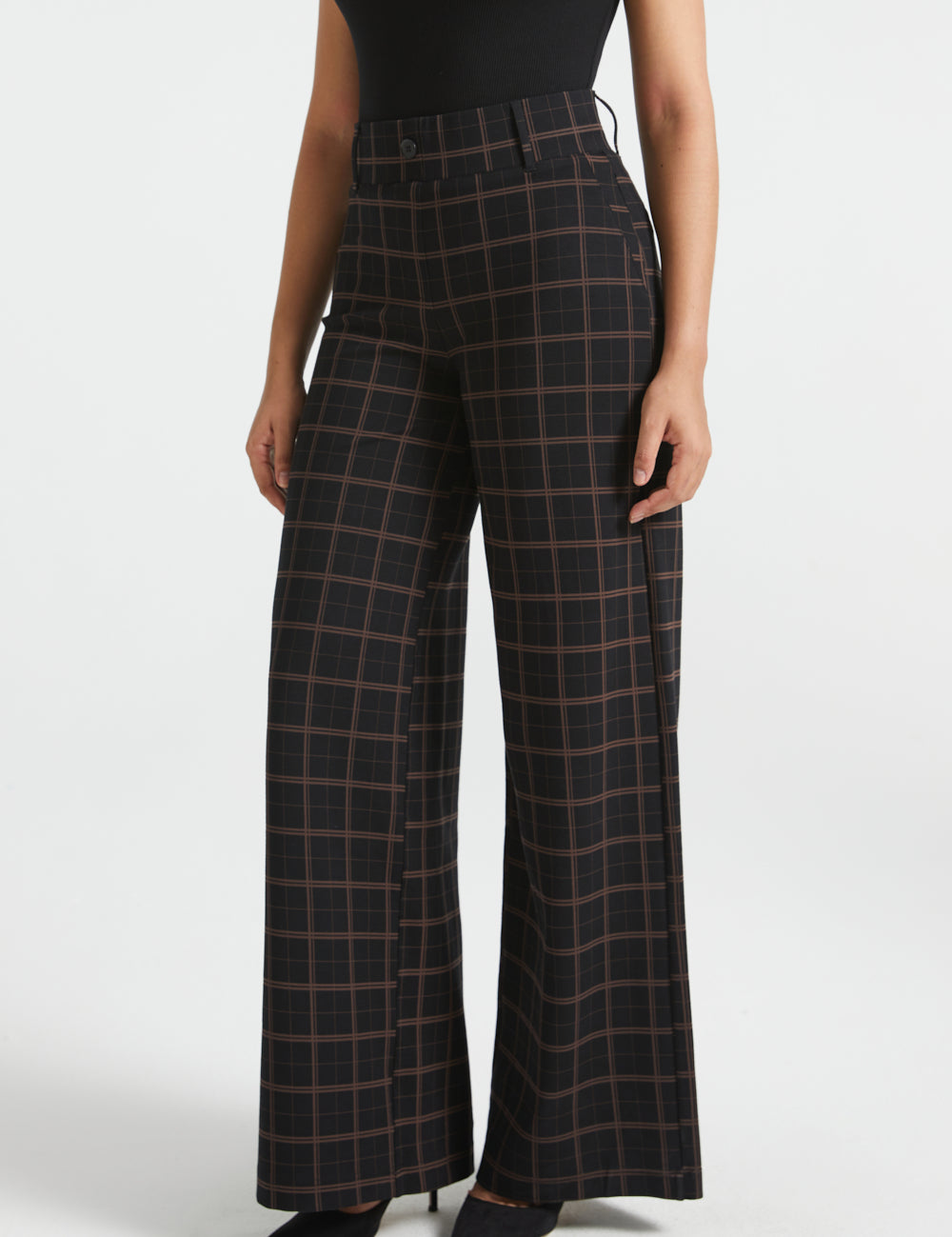 Front view of Black Brown Plaid wide-leg Dress Pant Yoga Pants showing the high-rise fit and flowing trouser legs