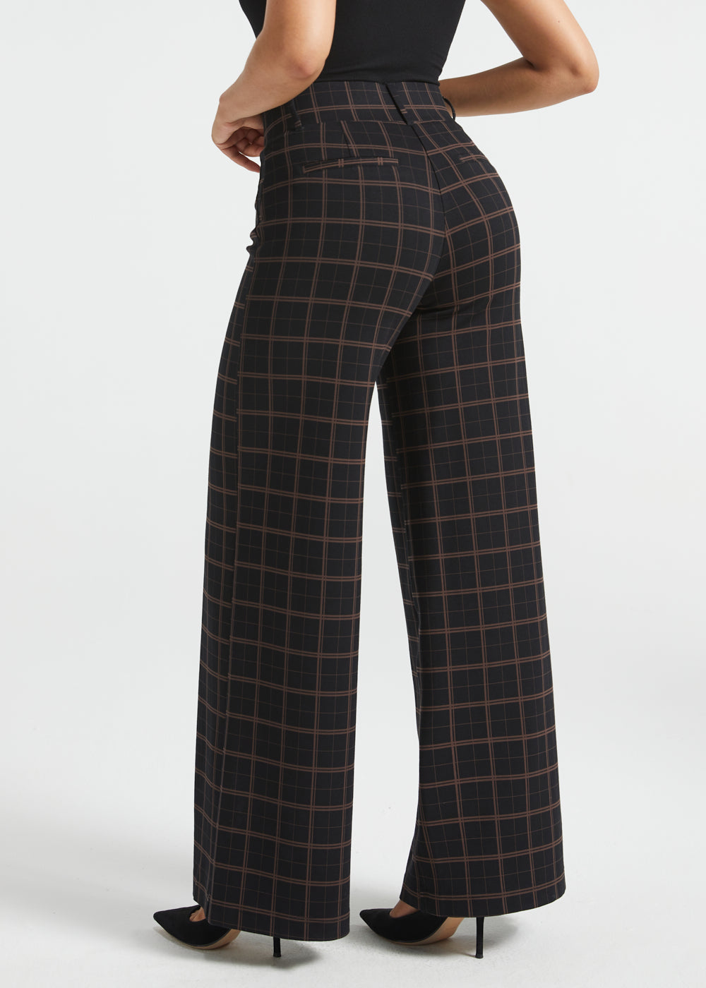 Back three-quarter view of Black Brown Plaid wide-leg Dress Pant Yoga Pants showing the high waist and relaxed wide-leg silhouette