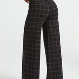 Back three-quarter view of Black Brown Plaid wide-leg Dress Pant Yoga Pants showing the high waist and relaxed wide-leg silhouette