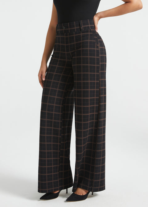 Three-quarter view of woman wearing Black Brown Plaid high-waisted wide-leg Dress Pant Yoga Pants with black heels